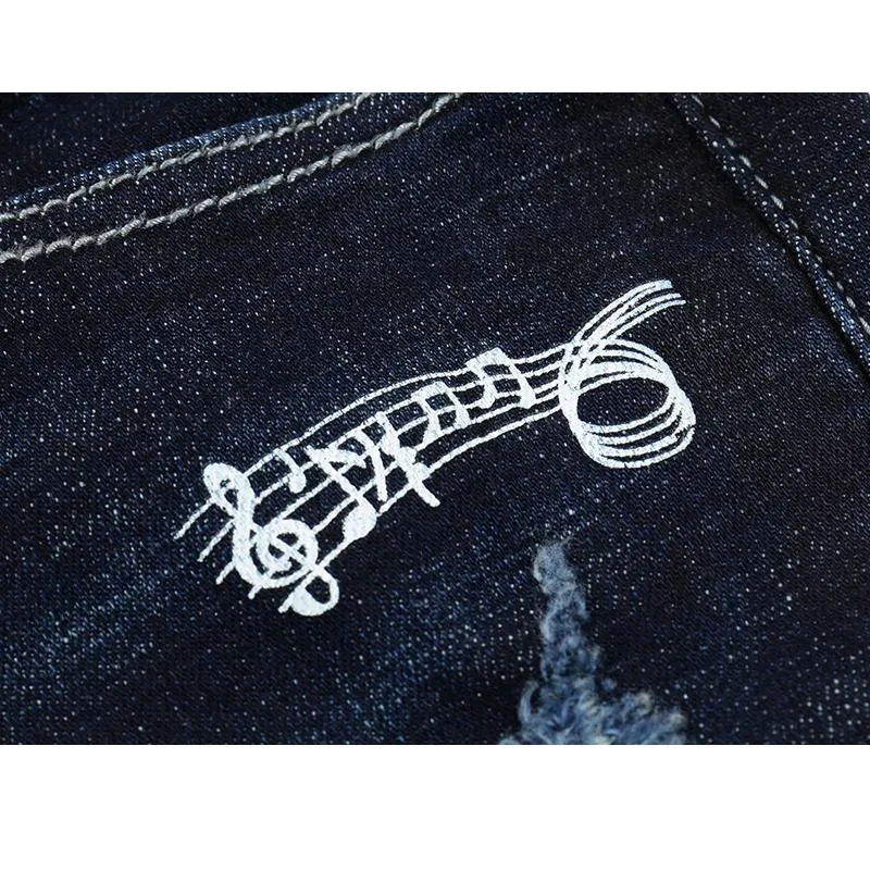 Skinny Ripped Musical Notes Tapered Jeans - Dark Blue