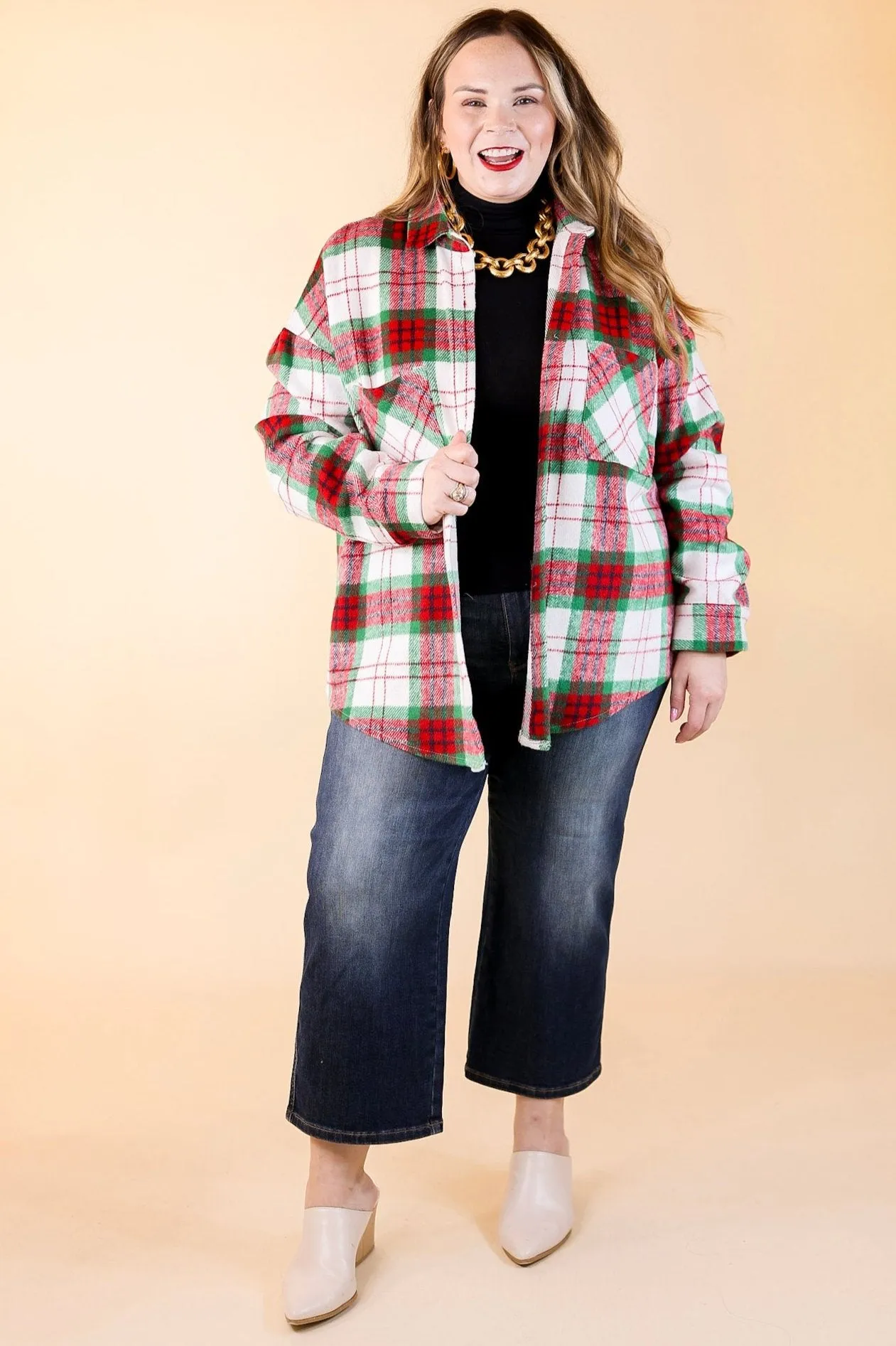 Sleigh All Day Button Up Plaid Shacket in Red and Green