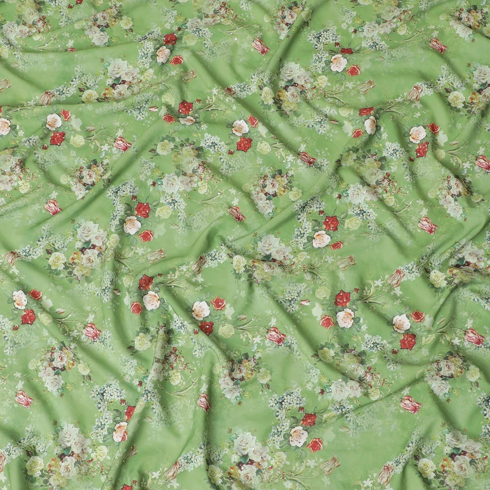 Spring green synthetic crepe fabric with multicolor print having stone work in floral design-D15292