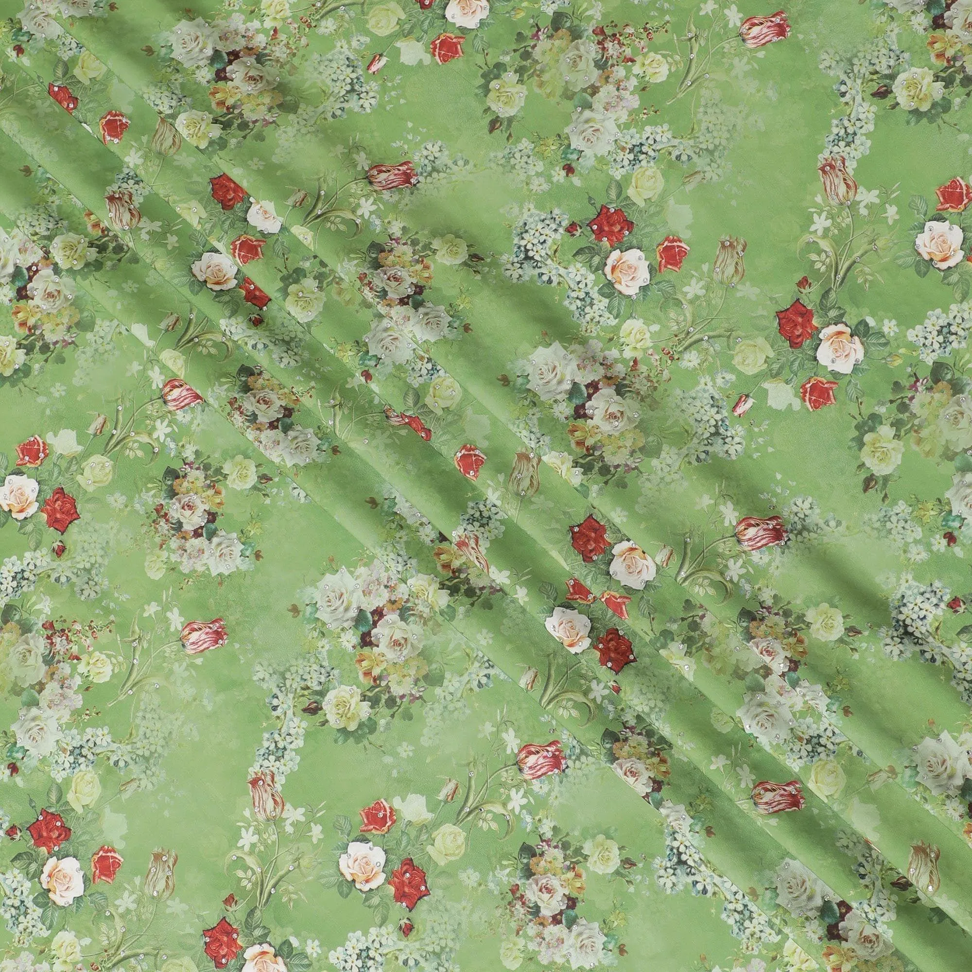 Spring green synthetic crepe fabric with multicolor print having stone work in floral design-D15292