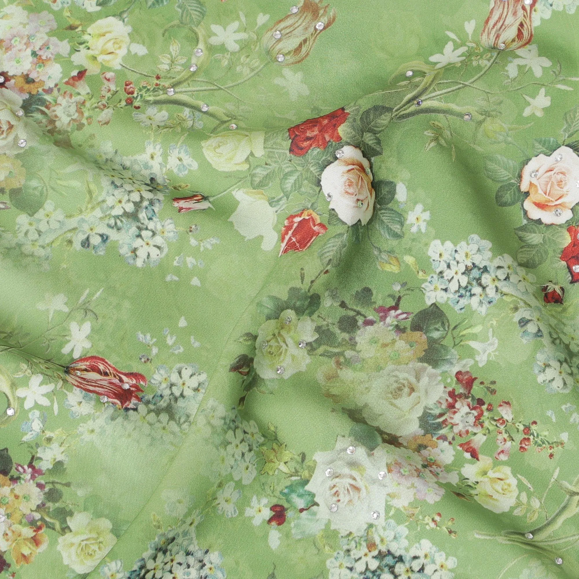 Spring green synthetic crepe fabric with multicolor print having stone work in floral design-D15292