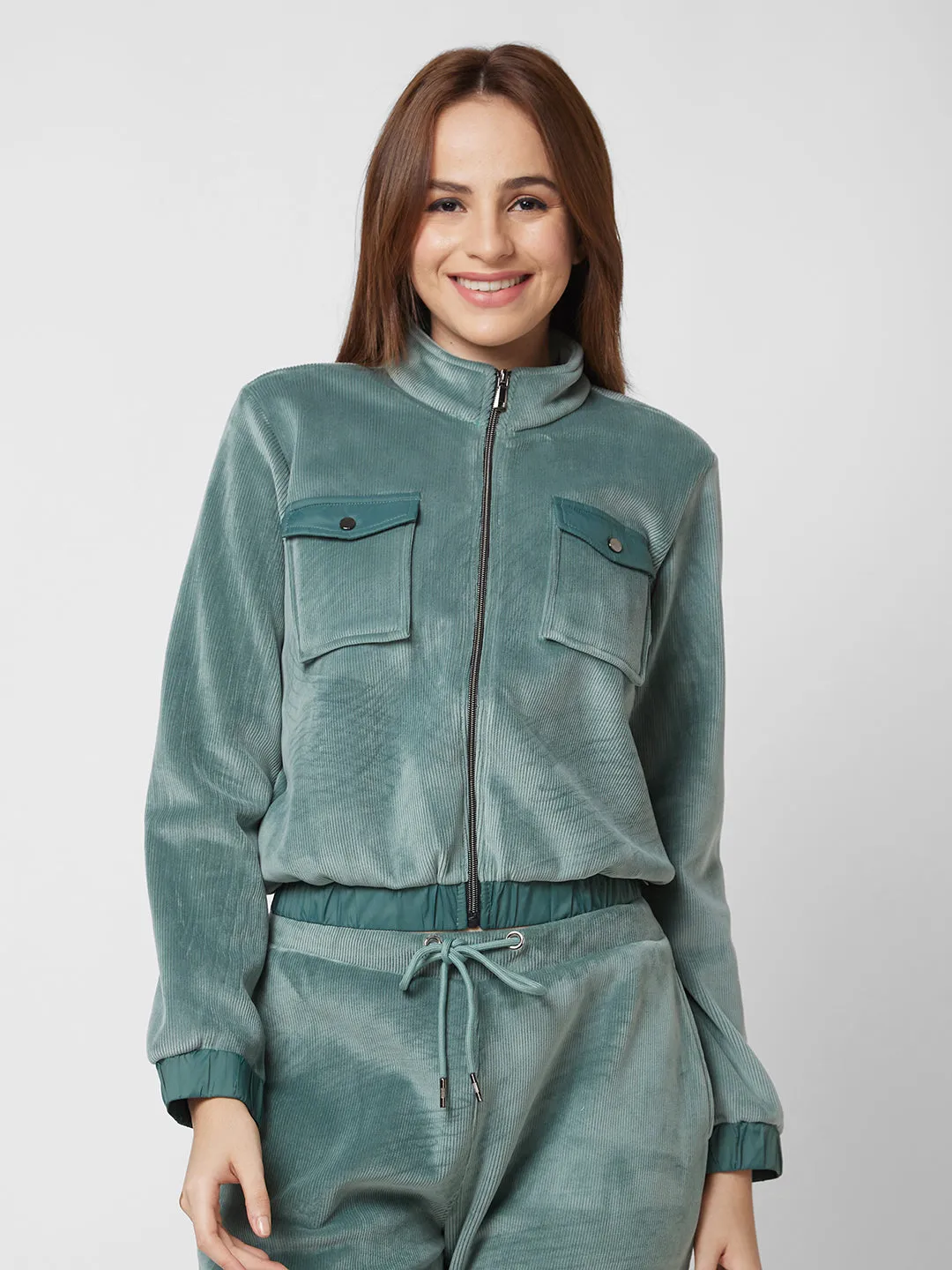 Spykar Regular Fit High Neck Full Sleeve Green Jacket For Women