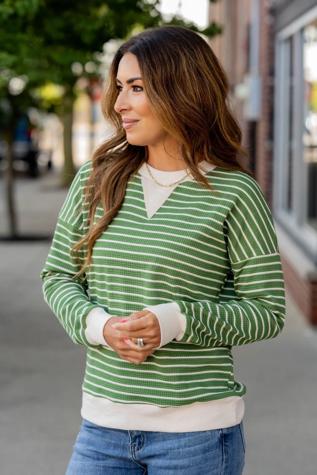 Striped Solid Trim Waffle Sweatshirt