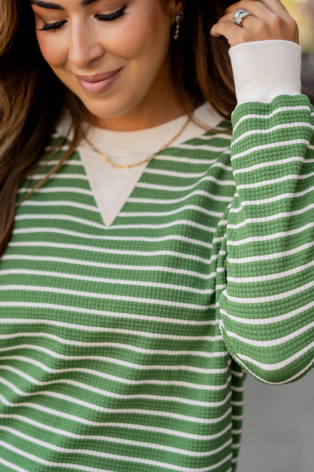 Striped Solid Trim Waffle Sweatshirt