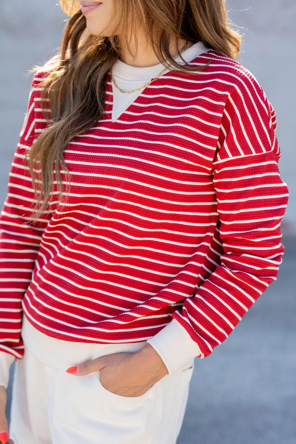 Striped Solid Trim Waffle Sweatshirt