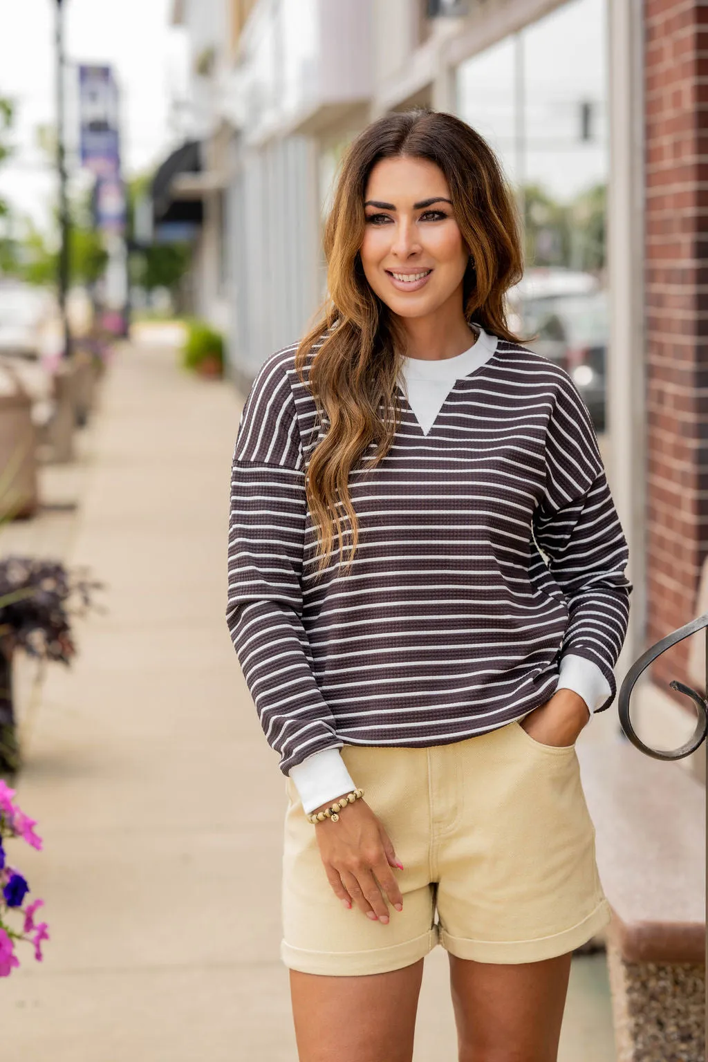 Striped Solid Trim Waffle Sweatshirt