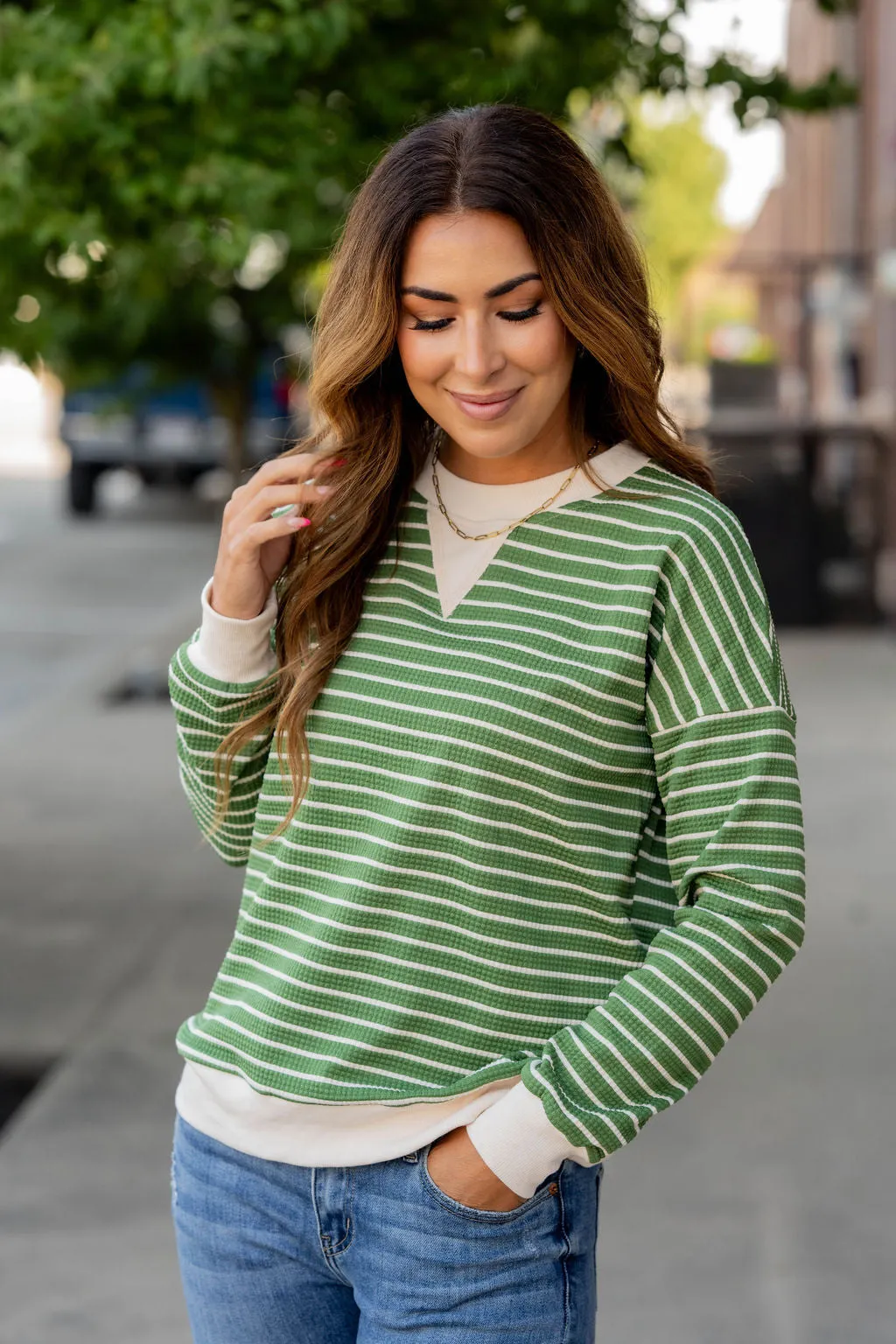 Striped Solid Trim Waffle Sweatshirt