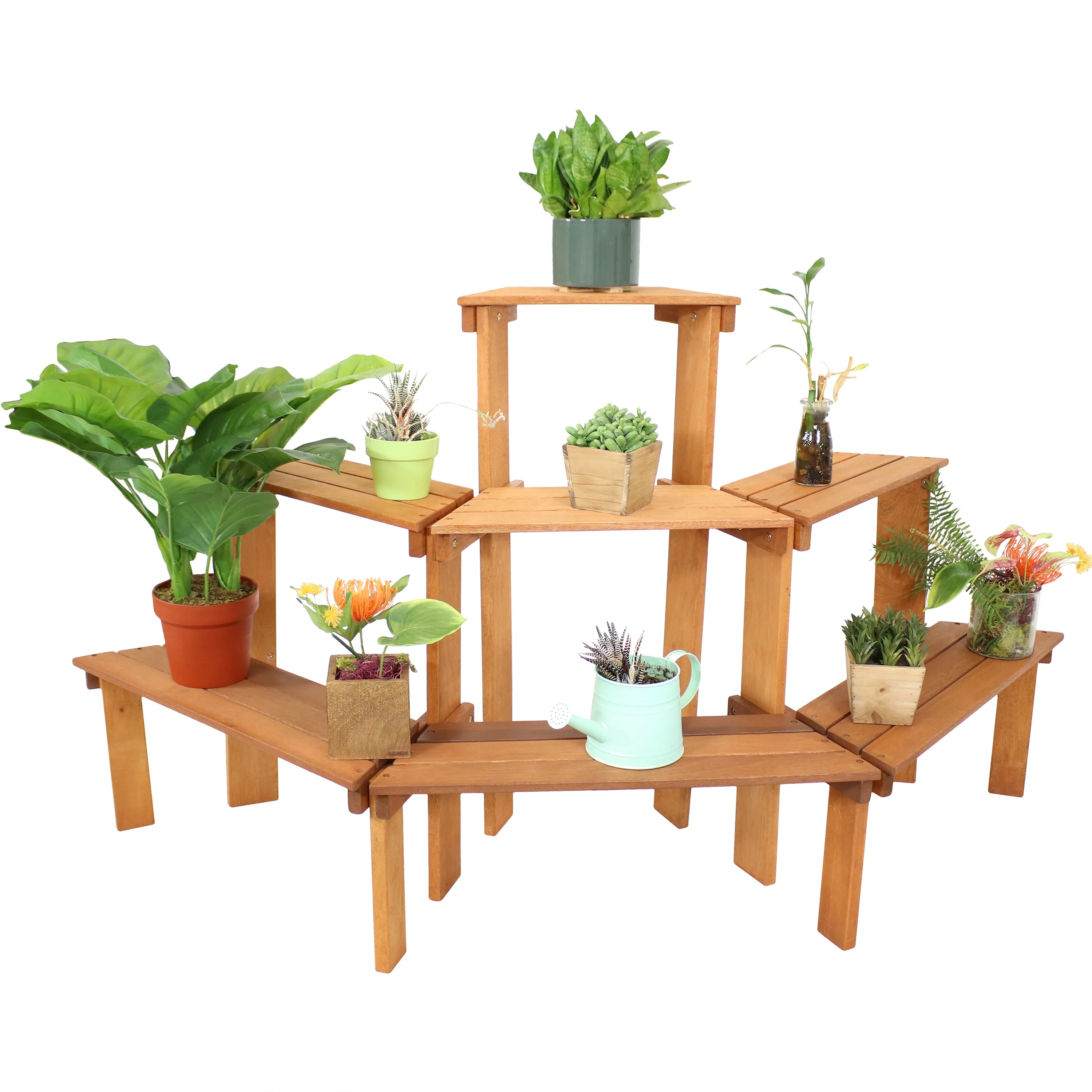 Sunnydaze 3-Tier Meranti Wood Plant Stand with Teak Oil Finish