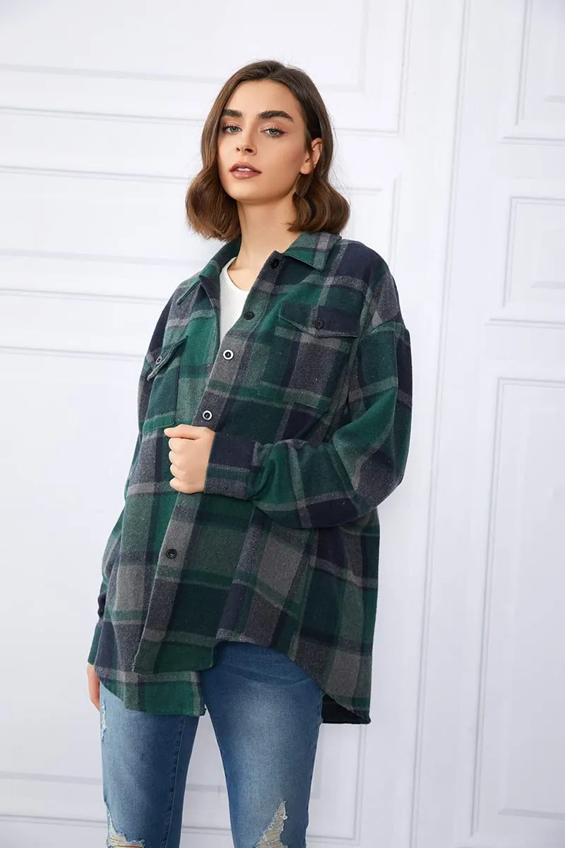 Trendy Queen Womens Flannel Shacket Casual Jacket Plaid Button Down Long Sleeve Shirt Fall Winter Outfits