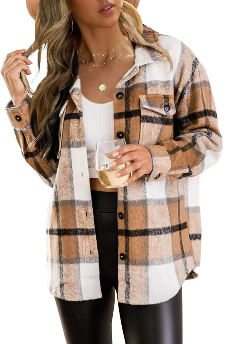 Trendy Queen Womens Flannel Shacket Casual Jacket Plaid Button Down Long Sleeve Shirt Fall Winter Outfits