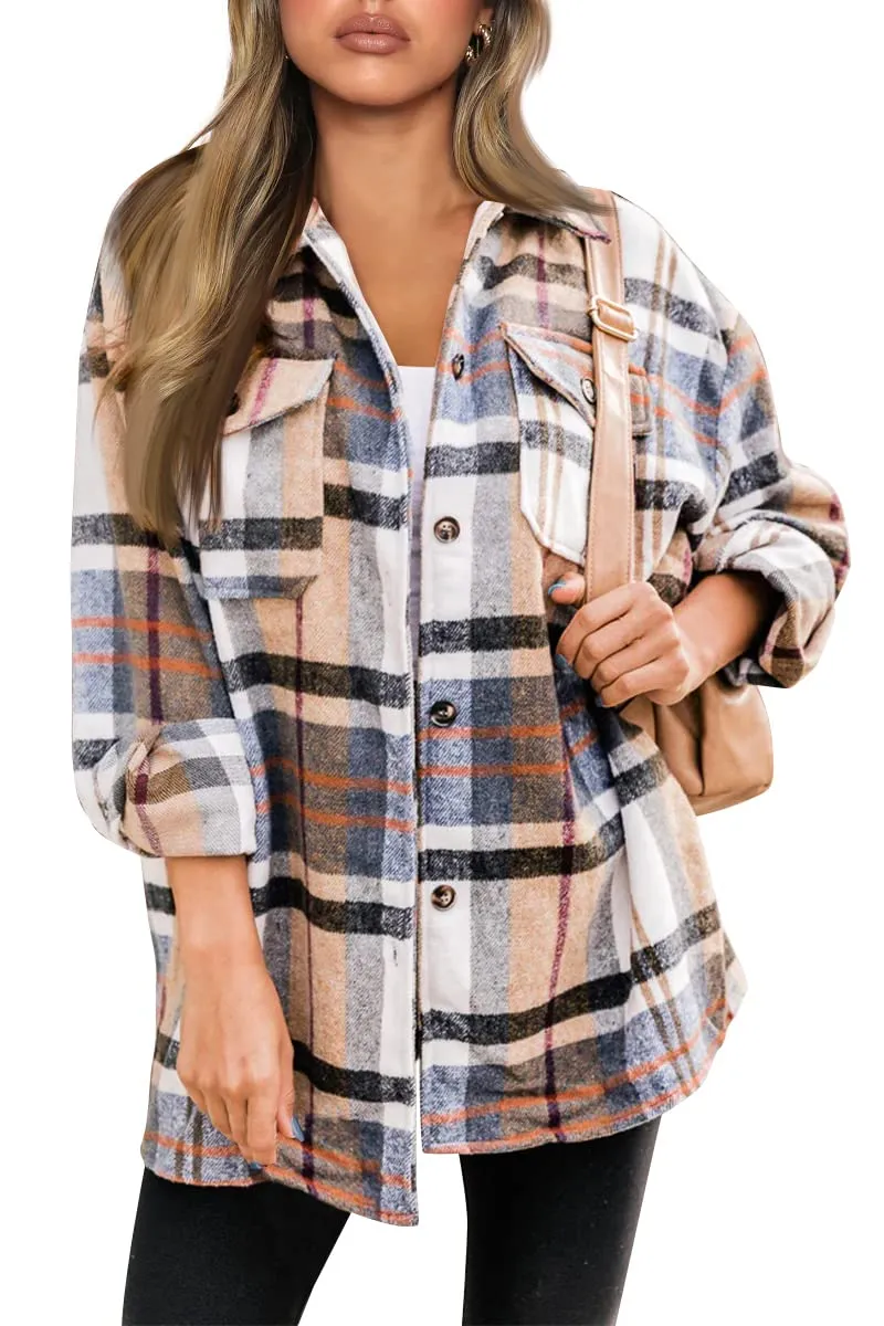 Trendy Queen Womens Flannel Shacket Casual Jacket Plaid Button Down Long Sleeve Shirt Fall Winter Outfits