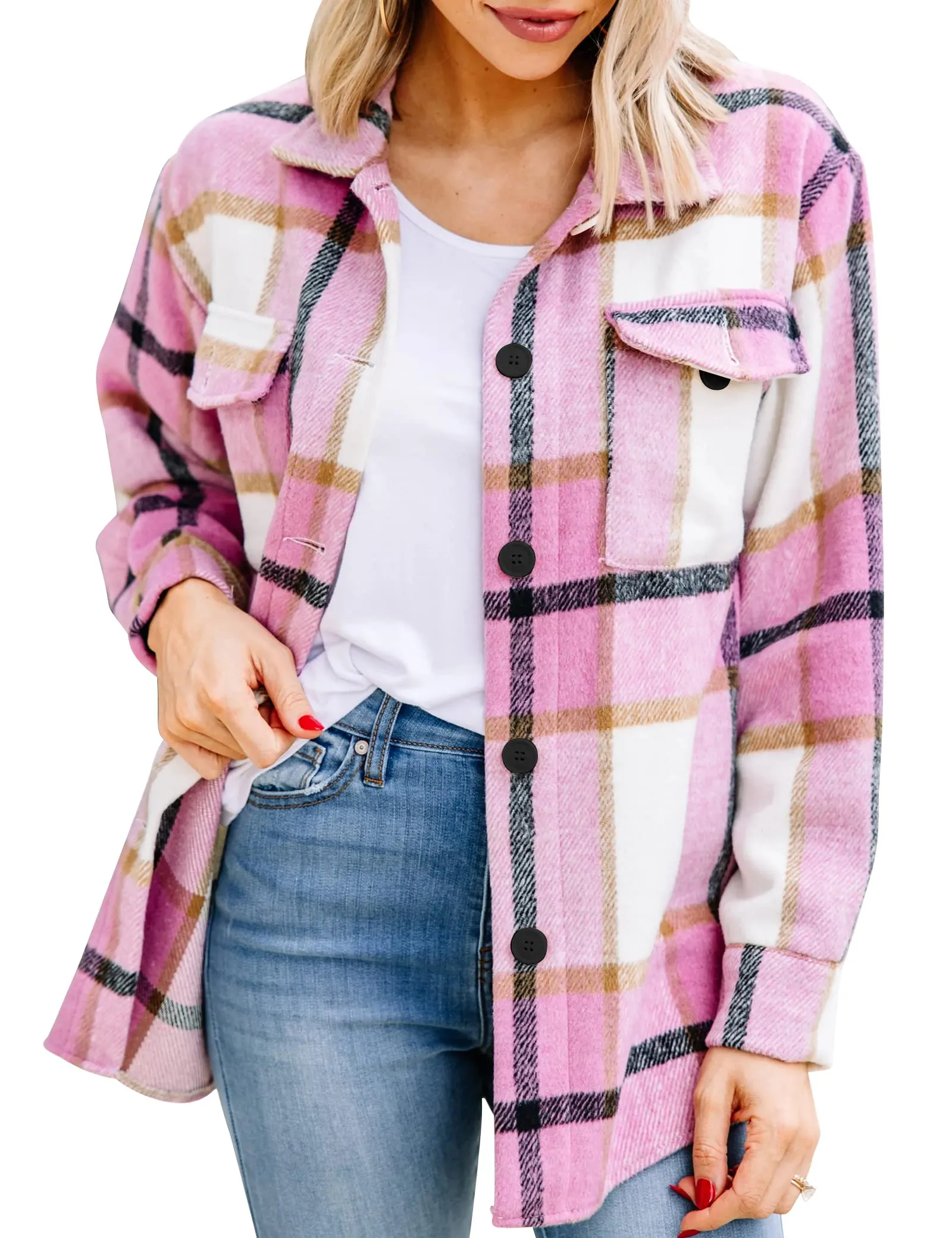 Trendy Queen Womens Flannel Shacket Casual Jacket Plaid Button Down Long Sleeve Shirt Fall Winter Outfits