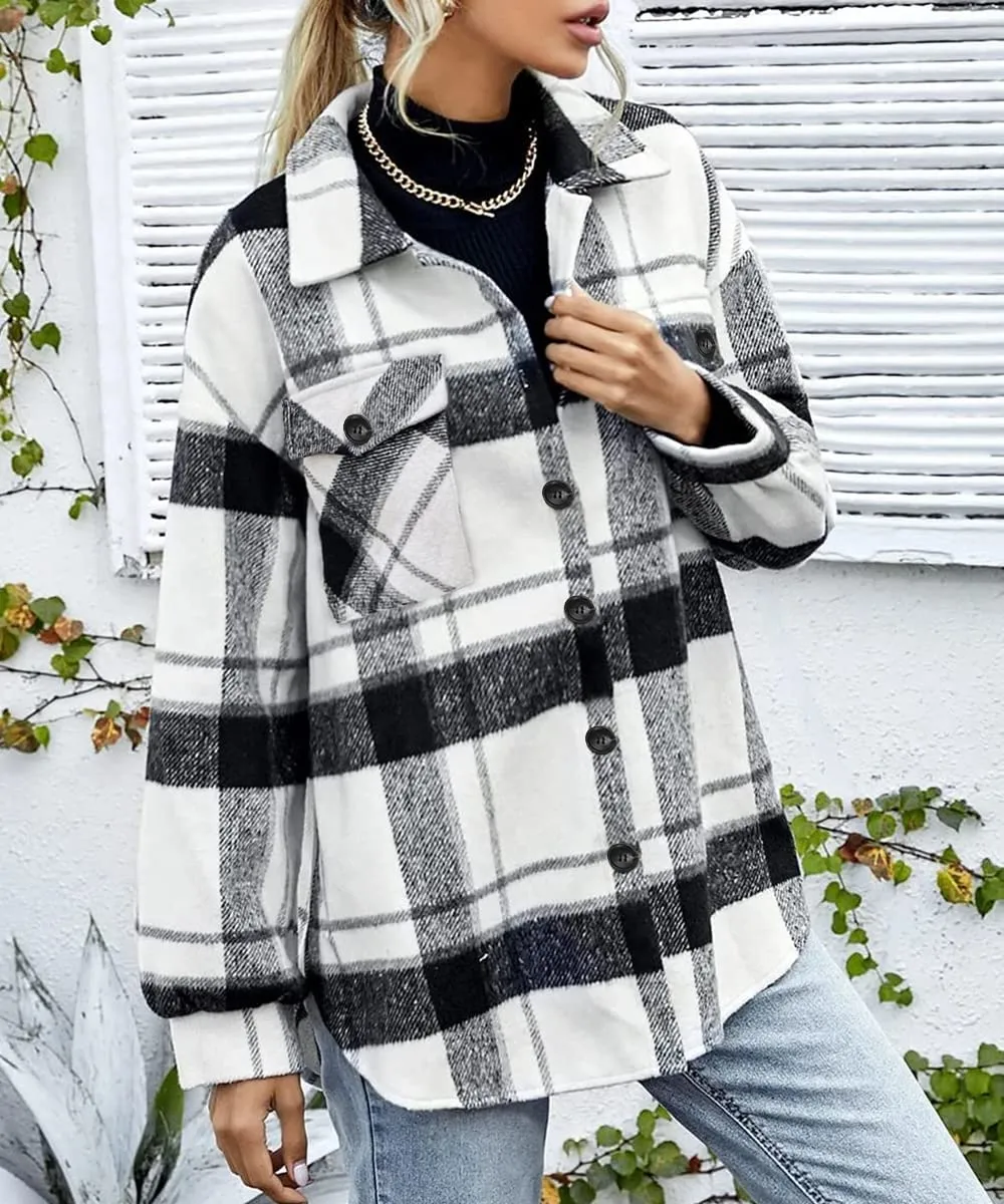 Trendy Queen Womens Flannel Shacket Casual Jacket Plaid Button Down Long Sleeve Shirt Fall Winter Outfits