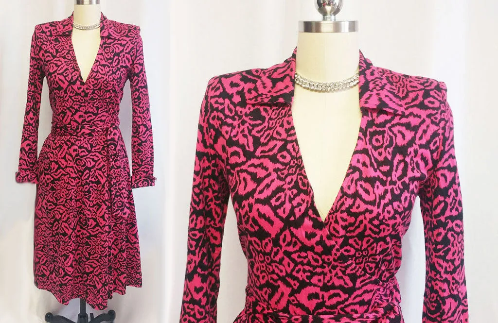 *VINTAGE 1980s DIANE VON FURSTENBERG HOT PINK & BLACK WRAP DRESS