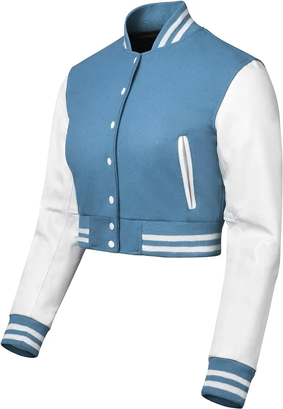 Warrior Gears Cropped Varsity Jacket Women - Premium Quality Leather and Wool Baseball Letterman Jacket for Women's, Long Sleeve - Royal Blue Wool Body and White Leather Sleeves