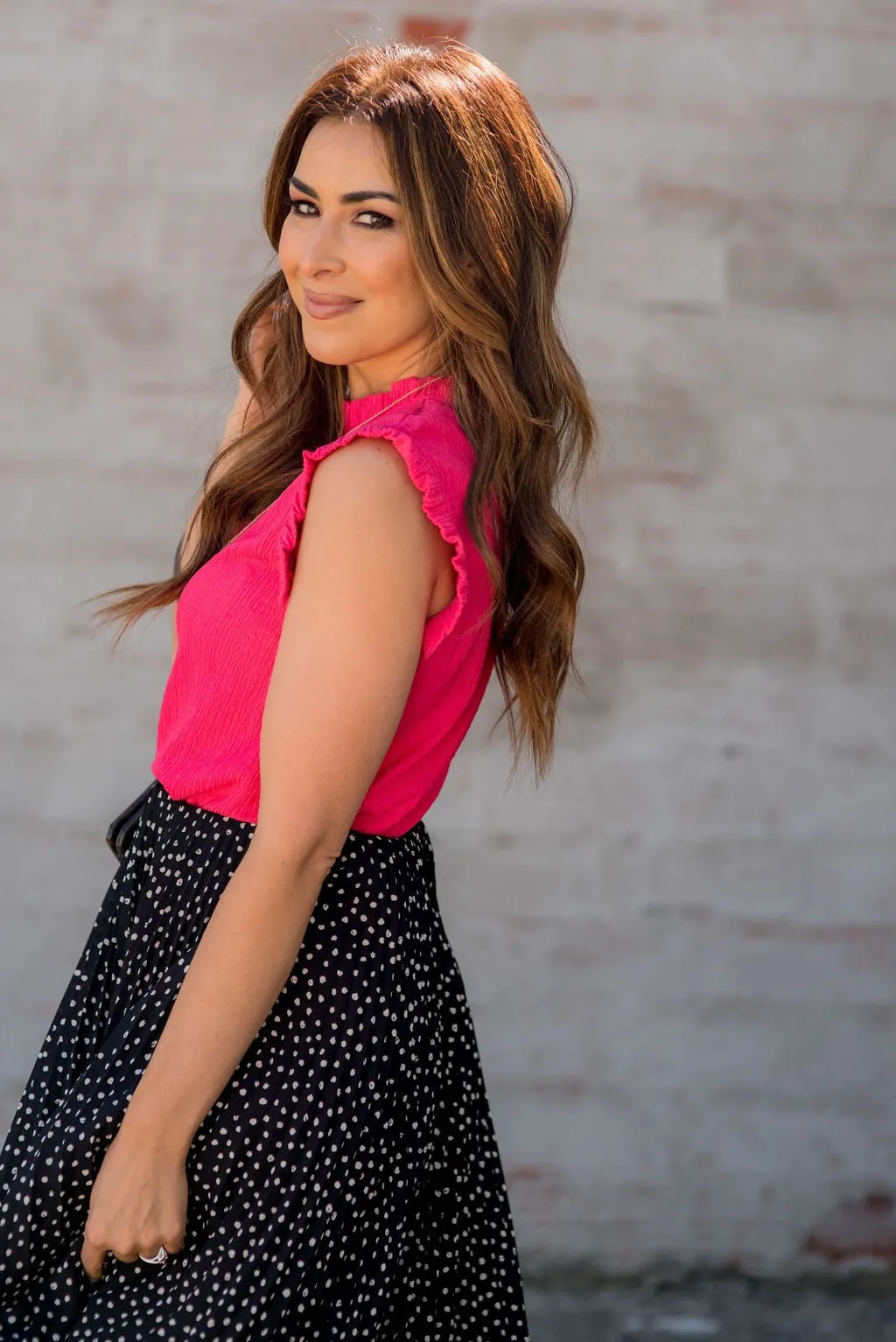 Wavy Textured Ruffle Trim Tank