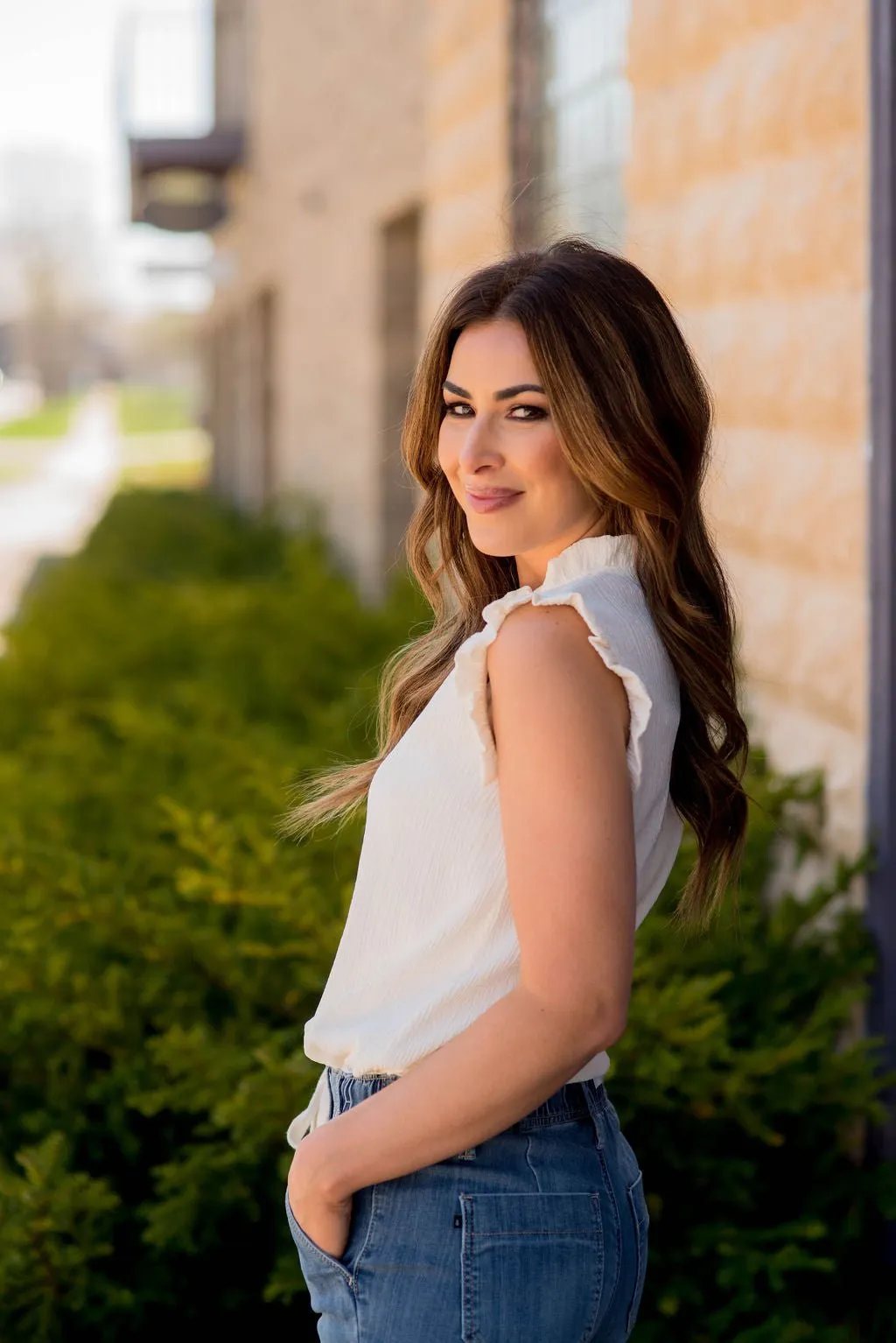 Wavy Textured Ruffle Trim Tank