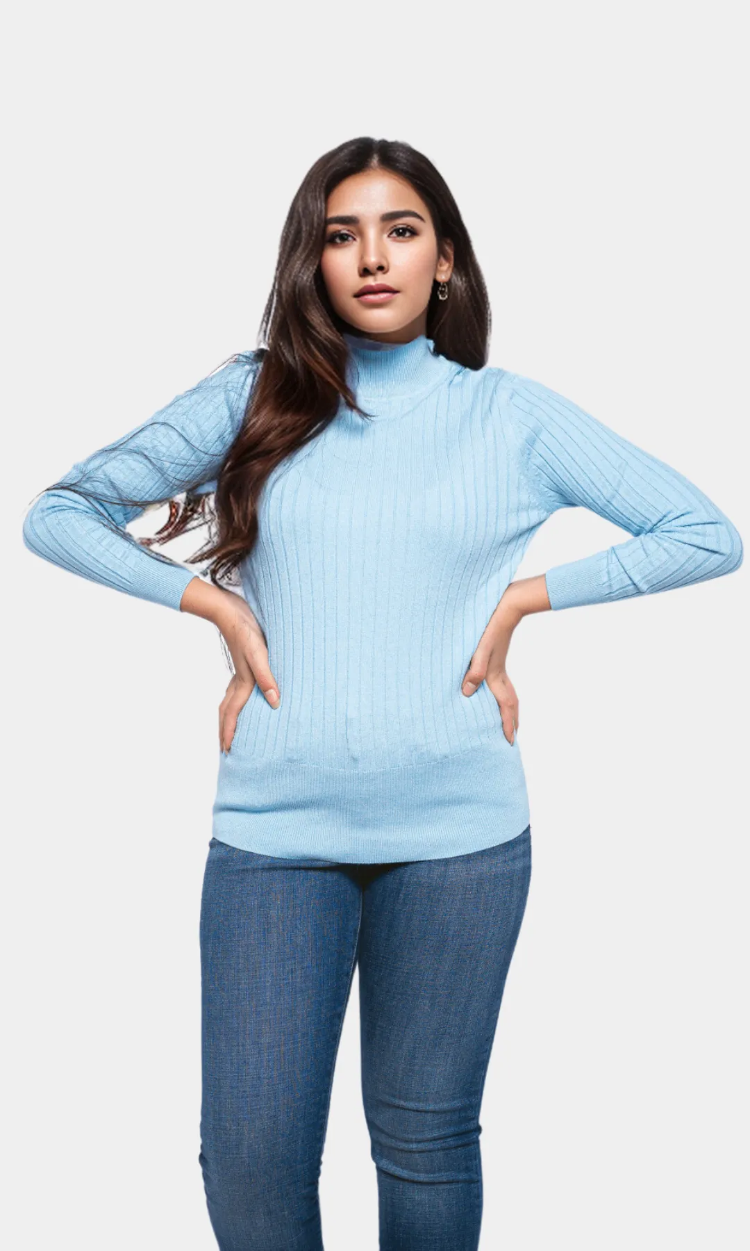 Women High Collar Pullover - Baby Blue