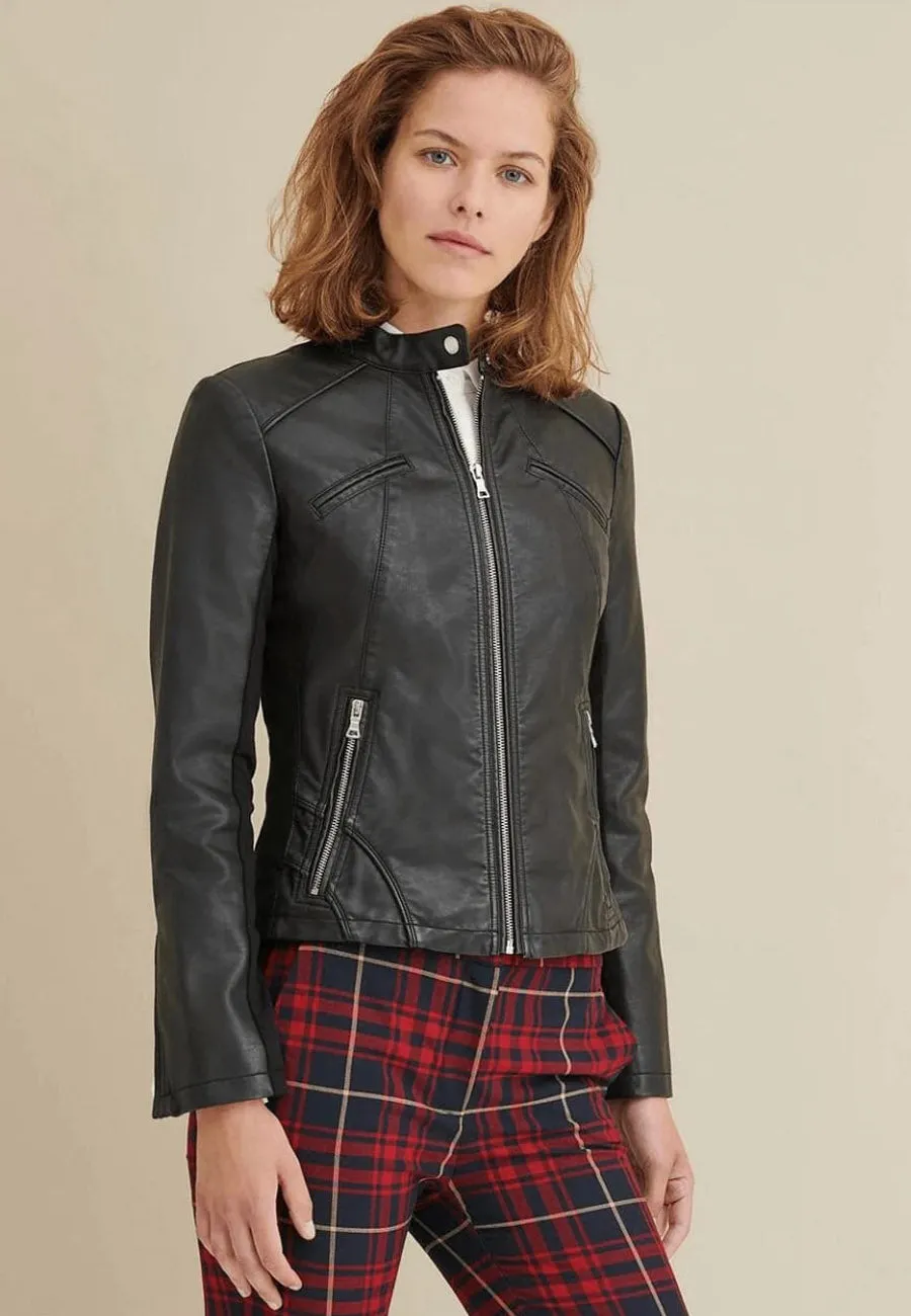 Women's Classic Black Sheepskin Leather Biker Jacket