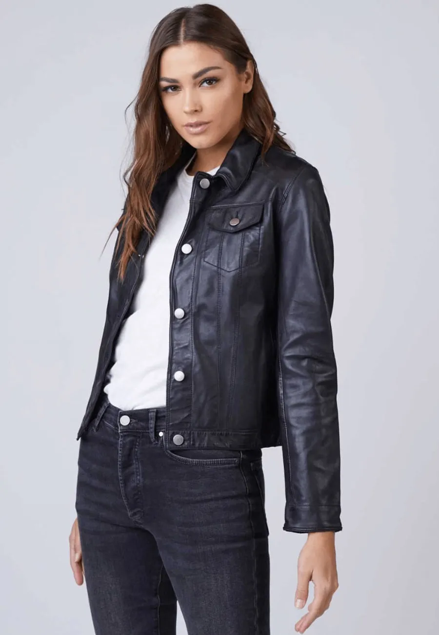 Women’s Premium Black Sheepskin Leather Trucker Jacket