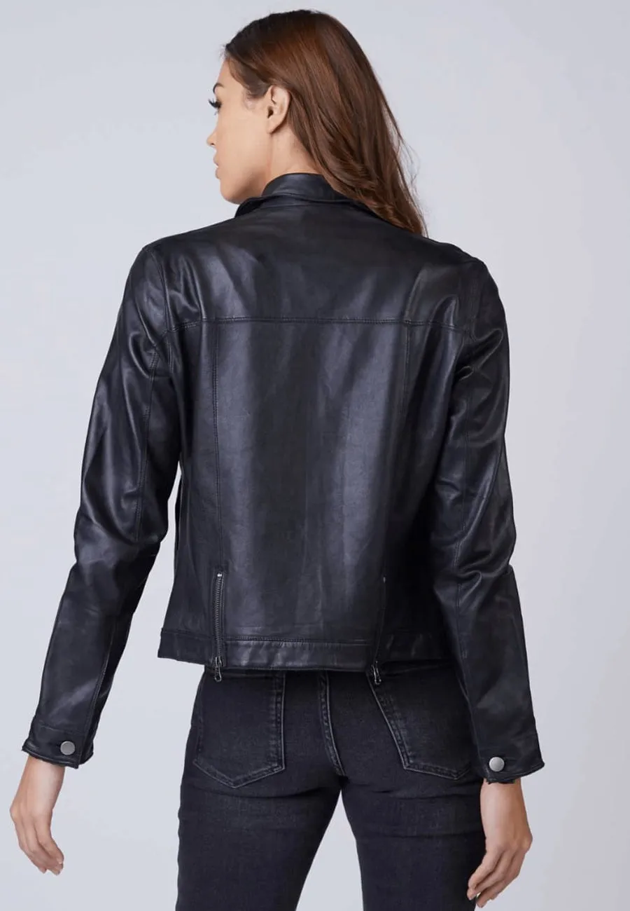 Women’s Premium Black Sheepskin Leather Trucker Jacket