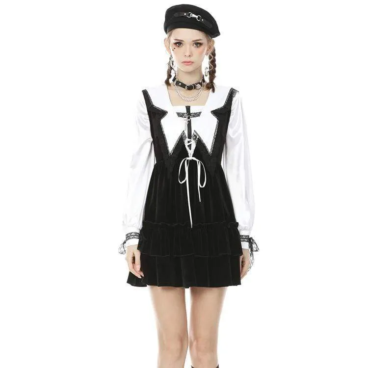 Women's Punk Multilayer Velet Black Overall Dresses