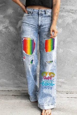 Women's Rainbow Print Denim Pants Casual Loose Ripped Distressed Wide Leg Jeans