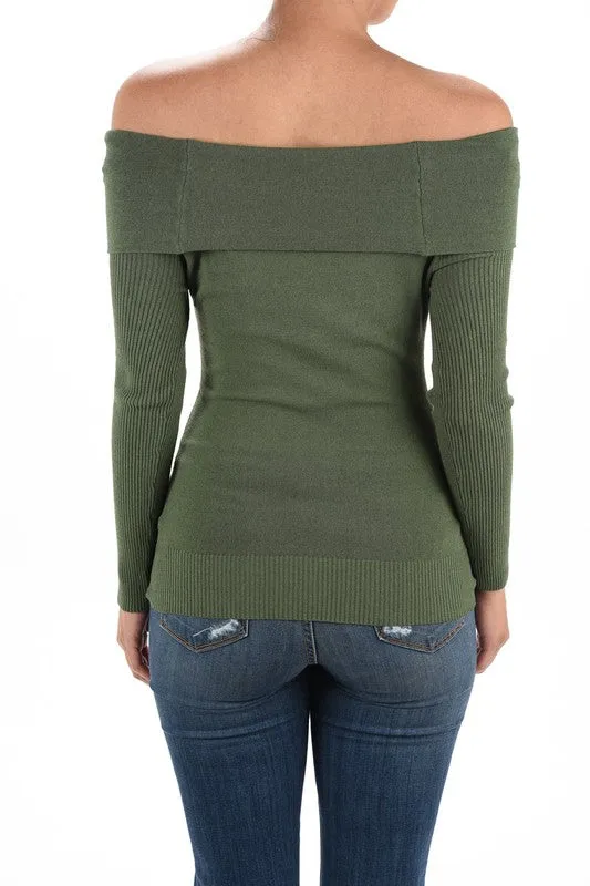 Yemak Women's Long Sleeve Fold Over Off Shoulder Top MK3598