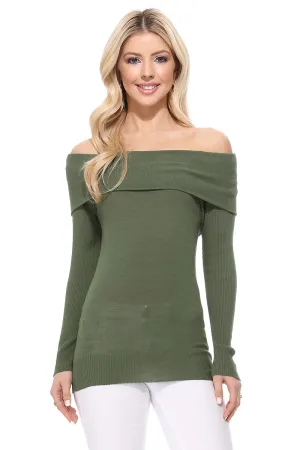 Yemak Women's Long Sleeve Fold Over Off Shoulder Top MK3598